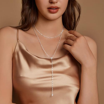 Luxval Lariat Gold Necklace for Women, Dainty Long Necklace 14k Gold Plated/Silver Y-Shaped Pendant Necklaces Trendy Beaded Chain Drop Necklaces Jewelry for Women Gifts - color: Silver-wave cz