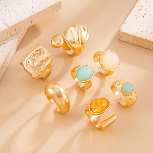 Chunky Rings for Women Stackable Vintage Adjustable Rings for Women Gold Statement Stone Ring Set Non Tarnish Vintage Jewelry - style: Gold 1