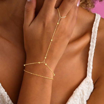 Mothers Day Gifts 14K Gold Plated Hand Chain Bracelet for Women, Stackable Gold/Silver Finger Ring Bracelet Hand Chain Dainty Non Tarnish Waterproof CZ Satellite Bead Link Adjustable Jewelry - color: Gold-Style 3