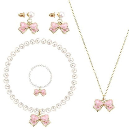 4PCS Pink Pearls Necklace Earrings Bracelet Ring Set Elegant Bow Adorned Jewelry Set for Women Valentine's Day & Special Occasions