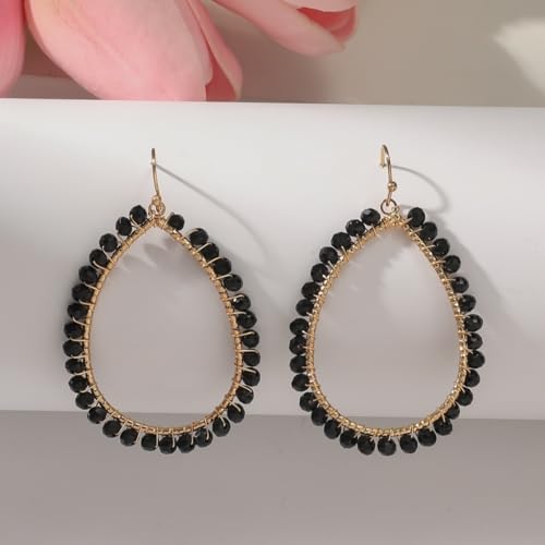 Boho Beads Teardrop Earrings Dangling Gold Hoop Earrings for Women - color: Black