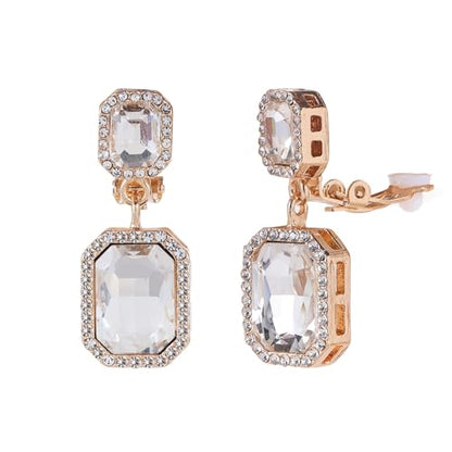 YINLI Austrian Crystal Square Shape Dangle Drop Clip on Earrings for Women - color: White,Gold
