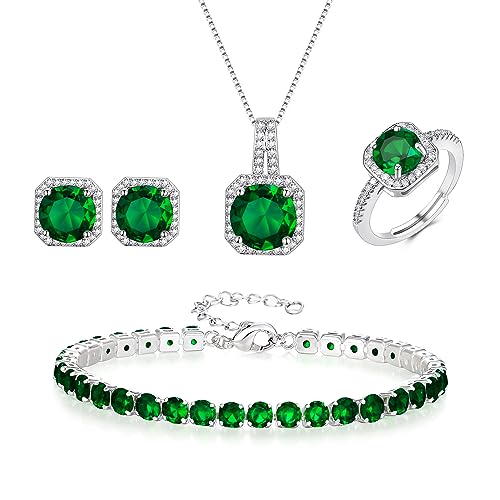 EVER FAITH Wedding Jewelry Set for Bride Bridesmaid, Glamour Teardrop Cubic Zirconia Pendant Necklace Earrings Tennis Bracelet Open Ring Sets for Birthday/Valentine's Day/Mother's Day/Christmas - color: B_Green