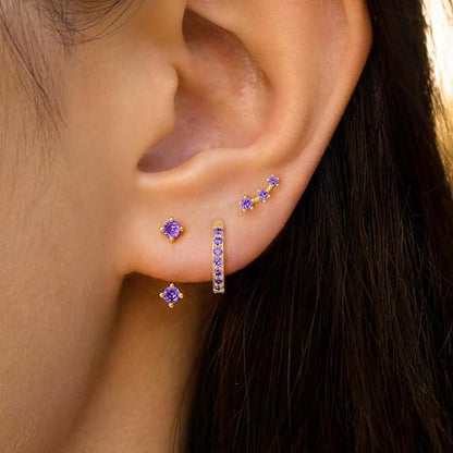 3 Pairs Dainty Small Earrings Set for Women Trendy, Birthstone Stud Huggie Hoop Jacket Stack for Cartilage Helix, Gold Plated Hypoallergenic Cute Women Fashion Accessories Western Jewelry Gifts - color: 02Purple Created Amethyst-Feb (Gold)