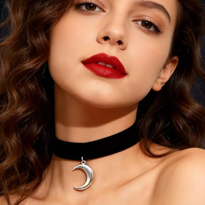 Black Choker for Women, Adjustable Layered Velvet Leather Lace Collar necklace, Goth necklace Gifts - color: Moon Silver