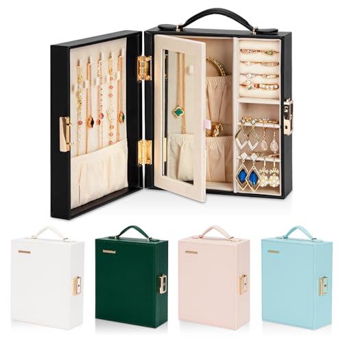 Portable Travel Jewelry Case: Jewelry Box with Lock and Mirror | Quality PU Leather & Velvet Lined Jewelry Organizer - Large Capacity for Ring Earring Large Necklaces - Birthday Gift for Her - color: Black