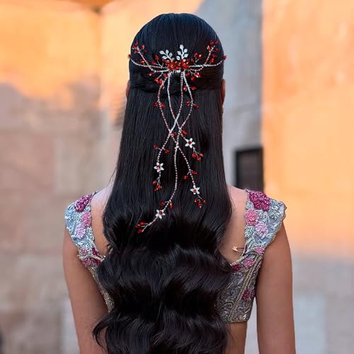 JHOO Rhinestone Hair Vine Comb, Bridal Wedding Hair Accessories,Silver Alloy Headpiece for Bridesmaids (Red) - color: Red