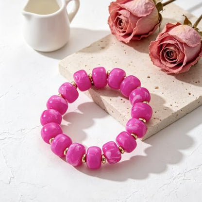 Chunky Beaded Bracelet for Women-Boho Bold Acrylic Resin Stretch Bracelets Trendy Summer Beach Elastic Bangle Vacation Jewelry Accessories - color: Style 1-Magenta