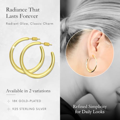 18K Gold Plated Sterling Silver Earrings for Women – Pure & Polished, Twist, Square, Hinged Tube, Abstract & Heart Shape Hoops – Lightweight, Hypoallergenic, Non-Tarnish Jewelry (Sizes: 3x35mm-46x30mm) - color: Gold, size: Polish Hoop (3x35mm)