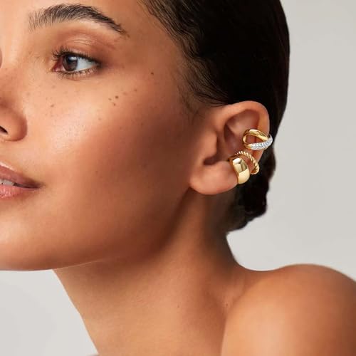 MEVECCO Ear Cuffs Non Piercing 18K Gold Plated Ear Cuff Earring Sets Clip on Cartilage Cubic Zirconia Pearl Minimalist Hypoallergenic Fake Hoop Earrings Stack Women Gifts - style: 3pcs-Crossover