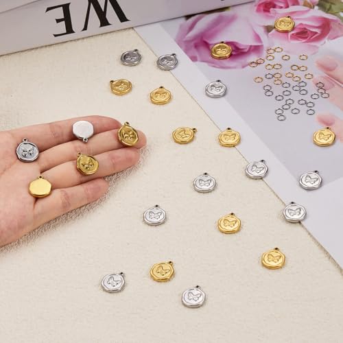 10pcs Gold Plated Stainless Steel Charms + 10pcs Steel Color Butterfly Charm Pendant Bulk with 40pcs Jump Rings - color: Butterfly Gold Silver