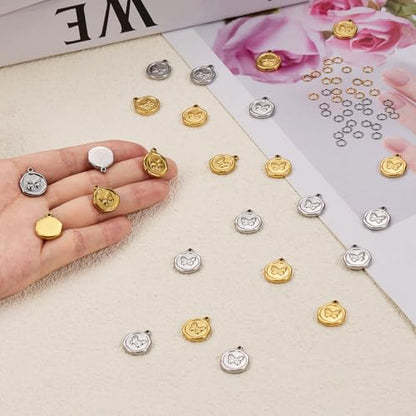 10pcs Gold Plated Stainless Steel Charms + 10pcs Steel Color Butterfly Charm Pendant Bulk with 40pcs Jump Rings - color: Butterfly Gold Silver