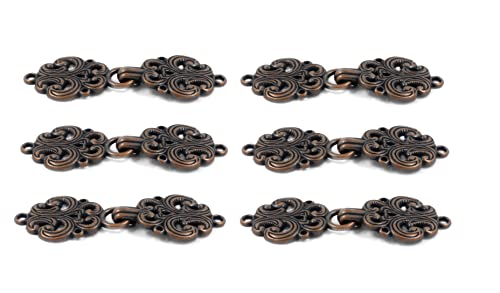 bezelry 6 Pairs Rococo Swirl Flower Cape or Cloak Clasp Fasteners. Sew On Hooks and Eyes Cardigan Clip. 65mm Fastened. - color: Antique Copper