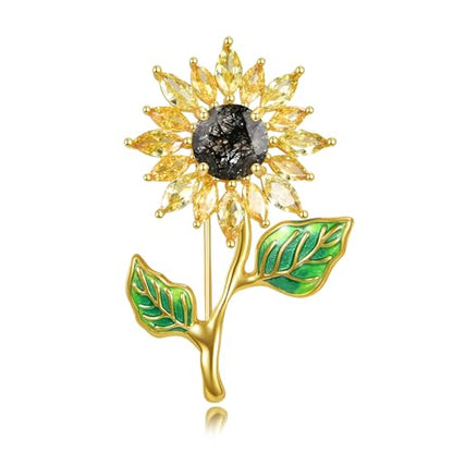 Sunflower Brooch with Natural Citrine for Women, 18k Gold Plated 925 Sterling Silver Sunflower Pins for Clothes, Yellow Sunshine Flower Brooches Jewelry - style: Style 2