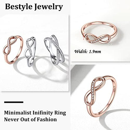 Bestyle Simple S925 Sterling Silver Infinity Rings Cubic Zirconia Rings, Nice Cute BFF Friendship Rings, Dainty Eternity Promise Wedding Bands Perfect Every Day Ring, Size 4-12, Words Engavable - color: 4. Rose Gold Infinity Ring (custom)
