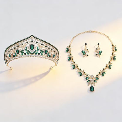 Princess Tiara Crown and Jewelry Sets for Women Wedding Rhinestone Crystal Tiaras and Crowns with Necklace Earrings Party Birthday Accessories - color: Gold Green