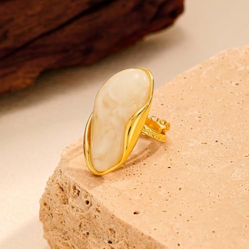 Kokoma Resin Statement Ring for Women Acrylic Stainless Steel Chunky Ring Adjustable Stacking Rings Fashion Finger Jewelry Daily Wear - color: White