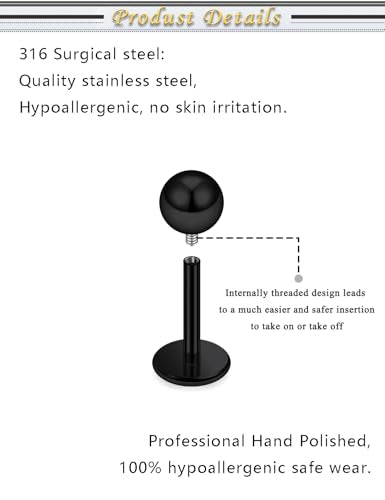 Internally Threaded Labret Studs 18G 16G 14G Surgical Steel Lip Piercing Jewelry with Claw Tool Monroe Snake Bite Jewelry Flat Back Barbell for Women Men Plus Piercing Ball Grabber Tool - color: black, size: 18g,ball end