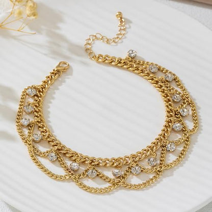 Gold Anklet for Women, Spiral Sun Charm Layered Boho Beach Ankle Bracelet Adjustable Double Chain Summer Beachy Ocean Jewelry Gift - color: Rhinestones