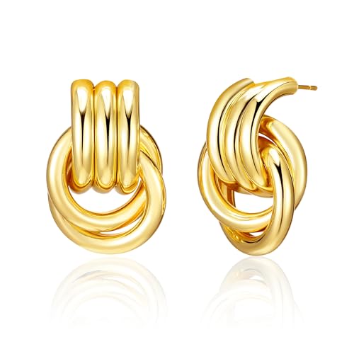 Chunky Gold Geometric Earrings for Women, Lightweight Gold Knot Dangle Drop Statement Dupes Long Link Earrings, Hypoallergenic Gold Plated Vintage Earrings Jewelry Trendy for Women - color: Gold