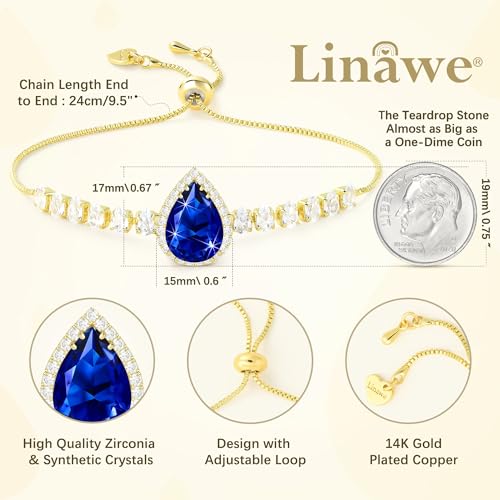 Linawe Crystal Imitation Diamond Rhinestone Charm Bracelets for Women, Gold/Silver/Rose Gold Adjustable Chain Bracelet, Teardrop Birthstone Cubic Zirconia Prom Costume Wedding Jewelry - color: Gold,Sep