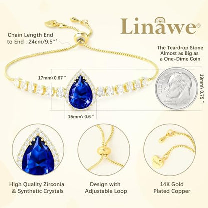 Linawe Crystal Imitation Diamond Rhinestone Charm Bracelets for Women, Gold/Silver/Rose Gold Adjustable Chain Bracelet, Teardrop Birthstone Cubic Zirconia Prom Costume Wedding Jewelry - color: Gold,Sep