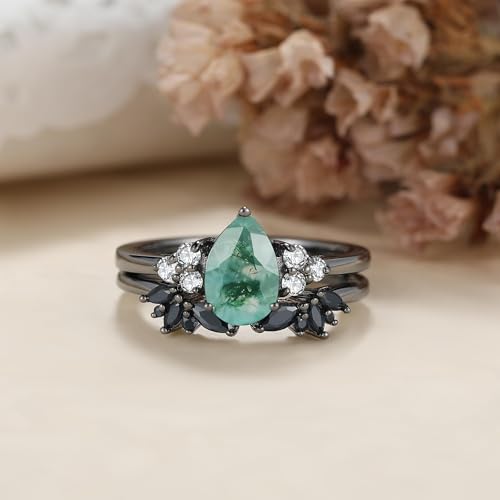 Moss Agate Bridal Wedding Rings Set for Women 925 Sterling Silver | Plated Platinum/Black Gold, Gothic, Vintage, Engagement Promise Ring, Anniversary Valentine Day Birthday Gift for Her - style: Black Gold Plating Open Ring