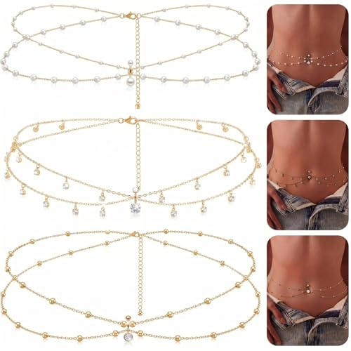 Hicarer 3 Pieces Crystal Belly Ring with Chain Rhinestone Waist Body Chain Bikini Belly Jewelry Beach Accessories Jewelry for Women Adults - color: Gold, style: Elegant Style