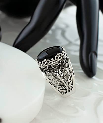 Filigranist 925 Sterling Silver Filigree Art Lace Embroidery Tulip Detailed Gemstone Women Cocktail Ring, Luxurious Gift Boxed - color: Black Onyx