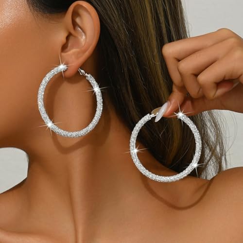 Large Gold Rhinestone Hoop Earrings Silver Sparkly Big Hoop Earrings for Women Black Earring Bling Chunky Silver Hoops 60mm Trendy Statement Earring for Women Bling Hoop for Prom Wedding Party Chunky Jewelry - style: Silver-Plated Hoops 60mm