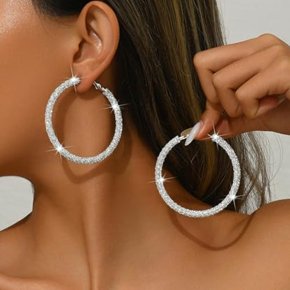 Large Gold Rhinestone Hoop Earrings Silver Sparkly Big Hoop Earrings for Women Black Earring Bling Chunky Silver Hoops 60mm Trendy Statement Earring for Women Bling Hoop for Prom Wedding Party Chunky Jewelry - style: Silver-Plated Hoops 60mm