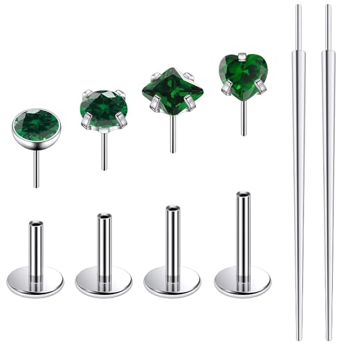 Ruifan Titanium Flat Back Lip Rings Threadless Push in Earrings Studs Nose Rings 20G 18G 16G Round Heart Square CZ Tragus Cartilage Lobe Rook Helix Conch Labret Medusa Piercing Jewelry for Women Men - color: Green CZ, size: 18G-6/8/10mm