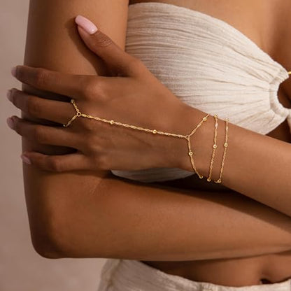 Mothers Day Gifts 14K Gold Plated Hand Chain Bracelet for Women, Stackable Gold/Silver Finger Ring Bracelet Hand Chain Dainty Non Tarnish Waterproof CZ Satellite Bead Link Adjustable Jewelry - color: Gold-Style 5