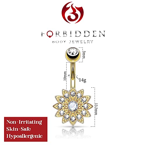 Forbidden Body Jewelry Surgical Steel Crystal Paved Petite Flower Belly Ring with Crystal Center - color: Gold Tone/Clear