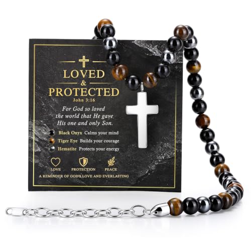 Beaded Cross Necklace Gifts for Men - Triple Protection Black Onyx Obsidian Tiger Eye Natural Stone Necklace Stainless Steel Cross Pendant Stress Relief Balance Faith Jewelry Gifts for Husband Dad Son - color: John 3:16