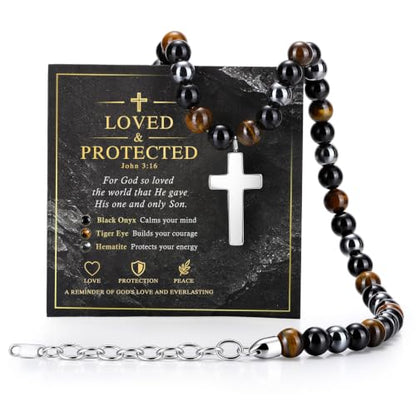 Beaded Cross Necklace Gifts for Men - Triple Protection Black Onyx Obsidian Tiger Eye Natural Stone Necklace Stainless Steel Cross Pendant Stress Relief Balance Faith Jewelry Gifts for Husband Dad Son - color: John 3:16