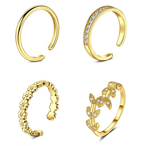 JFORYOU Toe Rings for Women Adjustable Open Toe Rings with Anklet Set CZ Flower Toes Ring for Summer Beach Foot Jewelry - color: 4pcs-gold toe rings