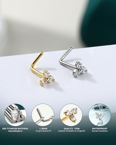 COCHARM Minimalist Titanium Nose Stud, 20g L Shape Flower Nose Ring Stud Cute G23 Titanium Surgical Steel Silver Nostril Piercing with Clear CZ Hypoallergenic - style: TripleCZ-Gold