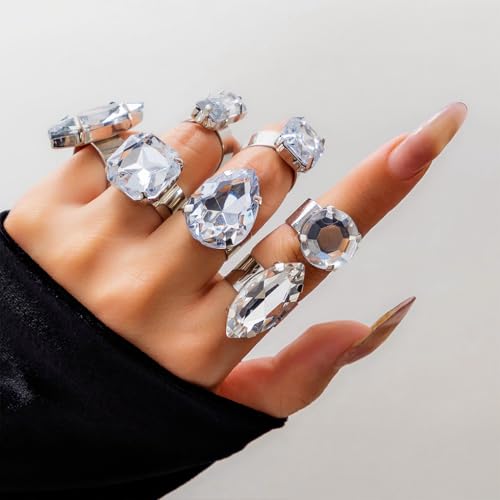 FUTIMELY 7Pcs Exaggerated Chunky Large Rhinestone Ring Set,Glitter Heart Square Oval Teardrop Knuckle Rings,Unique Red Crystal Open Rings Pack Cocktail Jewelry - color: Silver