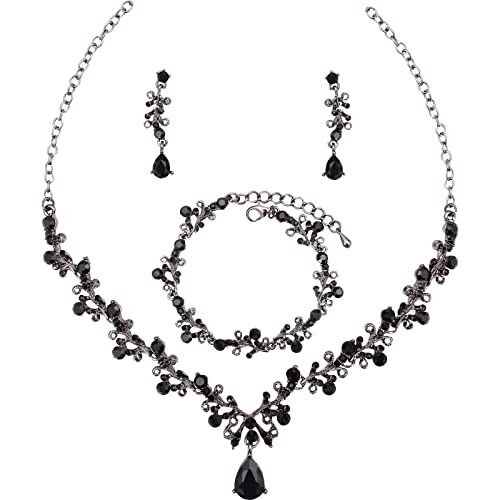 3Pcs Austrian Crystal Jewelry Set for Women, Necklace Dangle Earrings Link Bracelet Jewelry Set with Gold/Platinum/Gun Plated, Wedding Party Jewelry for Bridal Bridesmaid - color: Black-Gun Black