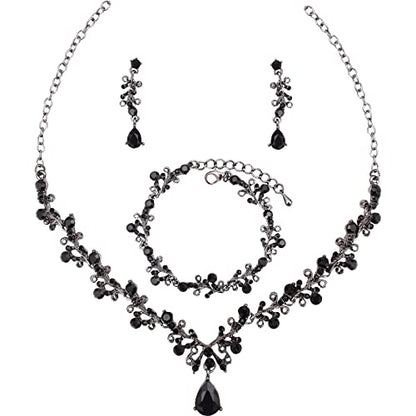 3Pcs Austrian Crystal Jewelry Set for Women, Necklace Dangle Earrings Link Bracelet Jewelry Set with Gold/Platinum/Gun Plated, Wedding Party Jewelry for Bridal Bridesmaid - color: Black-Gun Black