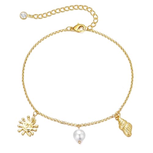 NIXMAX Gold Anklets for Women, Waterproof Chain Trendy Ankle Bracelets | Non Tarnish, Adjustable Fit, 14K Gold Plated, Dainty Layered Looks, Summer Beach Vacation Body Jewelry, Gifts for Women - color: Gold-pearl/shell/sun