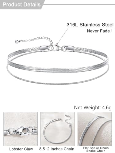 U7 Silver/Gold/Black Ankle Bracelets for Women Layered Chain Anklets | Stainless Steel Anklets Waterproof Summer Beach Anklet Charm, Adjustable 8.5"-10.5",Layered Anklet Fashion - color: Silver - Flat Snake Chain+Snake Chain