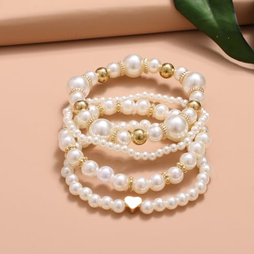 White Pearls Layered Stretch Bracelets Set For Women Simulated Pearl Stackable Stretch Multi layered Elastic Bracelets Jewelry