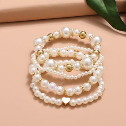 White Pearls Layered Stretch Bracelets Set For Women Simulated Pearl Stackable Stretch Multi layered Elastic Bracelets Jewelry