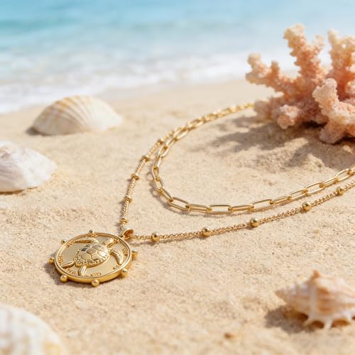 MEVECCO Dainty Pendant Layered Necklaces for Women | 18K Gold Plated Brass, 2-Piece Set With A Choker-Length Upper Layer, Wear Together Or Separately, Refined Everyday Style - style: Layer Turtle