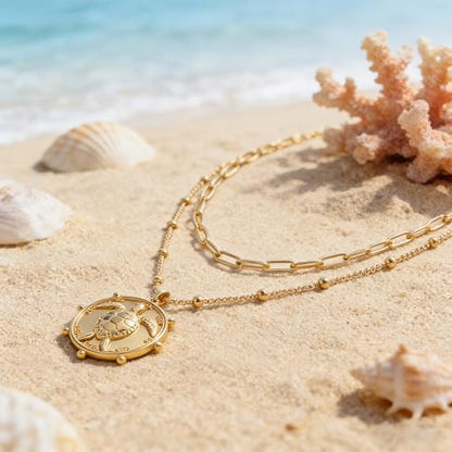 MEVECCO Dainty Pendant Layered Necklaces for Women | 18K Gold Plated Brass, 2-Piece Set With A Choker-Length Upper Layer, Wear Together Or Separately, Refined Everyday Style - style: Layer Turtle