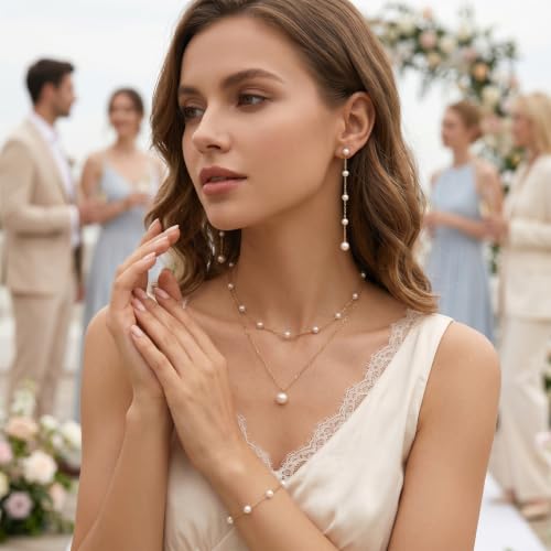 Wedding Jewelry Sets for Brides Bridesmaid Pearl Jewelry Set Fancy Gold Flower Necklace and Earrings Simple Pearl Necklace for Women Bridal Earrings Wedding Accessories Essentials Gifts - color: B2:3pcs pearl jewelry set