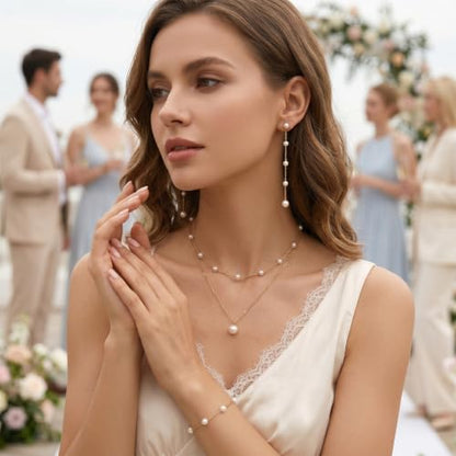 Wedding Jewelry Sets for Brides Bridesmaid Pearl Jewelry Set Fancy Gold Flower Necklace and Earrings Simple Pearl Necklace for Women Bridal Earrings Wedding Accessories Essentials Gifts - color: B2:3pcs pearl jewelry set