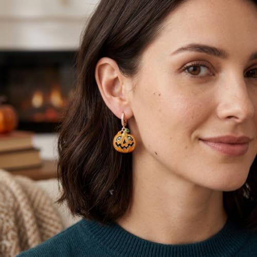 Sonateomber Christmas Tree Dangle Small Gold Hoop Earrings for Women, Cute Sparkly CZ Rhinestone Maple Clover Leaf Drop Earings Thanksgiving Holiday Accessories Fashion Jewelry Gift - color: Halloween Pumpkin